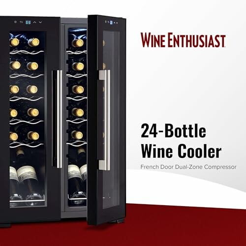 24-bottle wine cooler with open doors showing wine bottles.