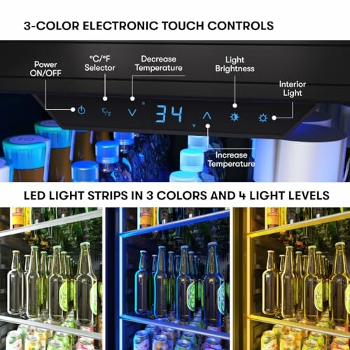 Electronic touch controls for beverage cooler with LED light strips.