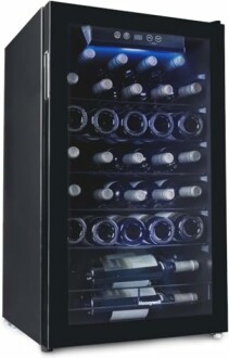 Black wine cooler with multiple wine bottles inside