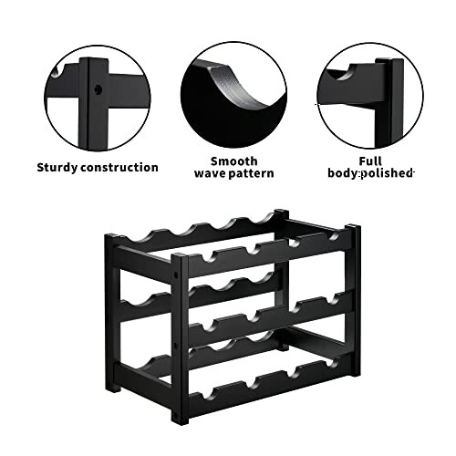 Black wooden wine rack with three shelves, featuring sturdy construction, smooth wave pattern, and full body polished finish.