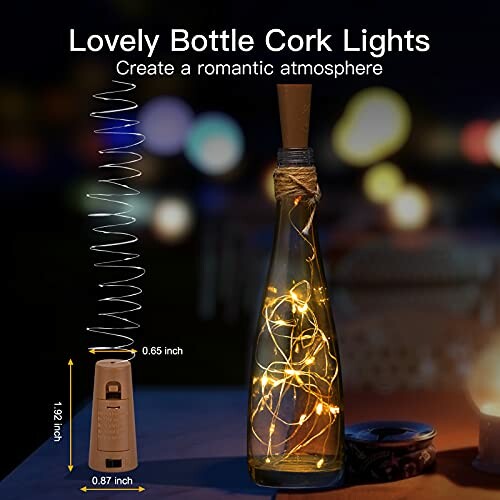 Bottle with cork lights creating a romantic atmosphere.