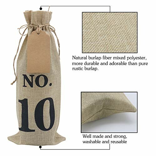 Burlap bag with number 10 and detailed fabric close-up.