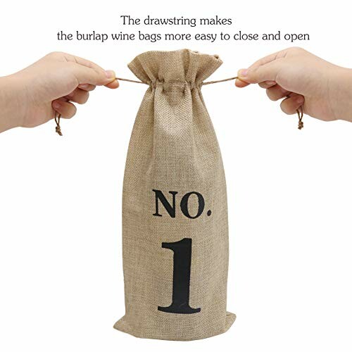 Hands closing burlap wine bag with drawstring.