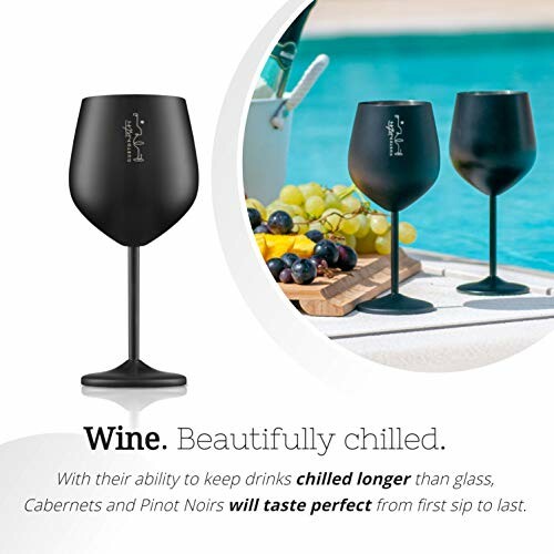 Two black wine glasses by a pool with grapes and text about keeping drinks chilled.