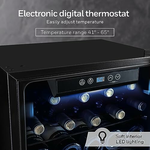 Electronic digital thermostat wine cooler with LED lighting and temperature range display.