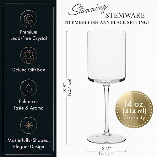 Elegant crystal stemware with features and dimensions.