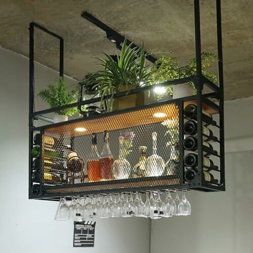 Hanging bar shelf with wine bottles, glasses, and plants.