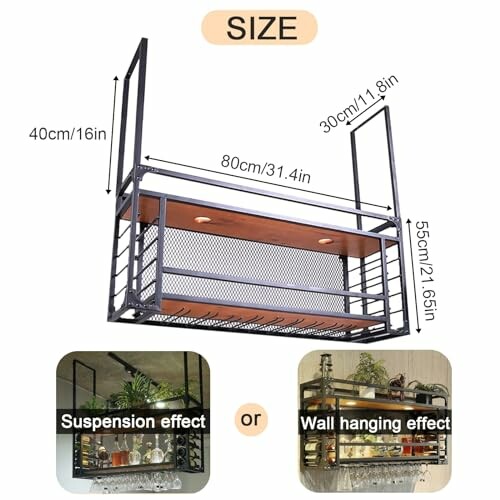 Hanging shelf with suspension or wall hanging options and dimensions.