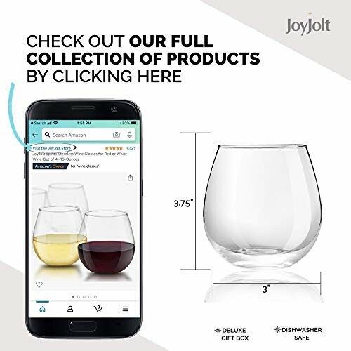 JoyJolt stemless wine glass promotion with smartphone displaying product.