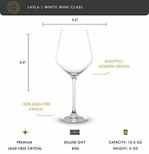 Layla white wine glass with dimensions and features.