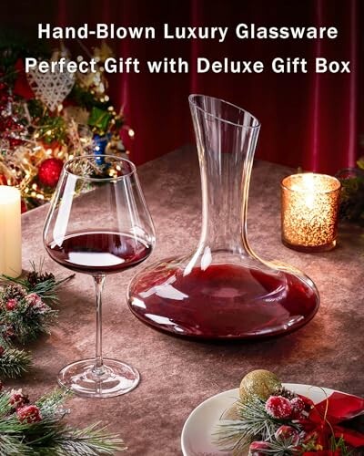 Luxury glassware set with decanter and wine glass, holiday decor.