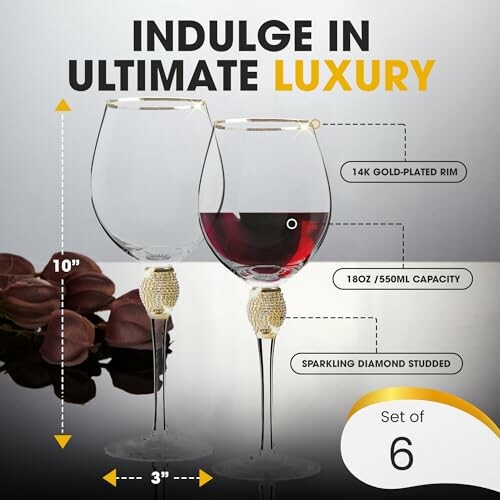 Two luxury wine glasses with gold-plated rims and diamond-studded stems, set of 6.