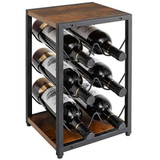 Metal and wood wine rack holding six bottles.