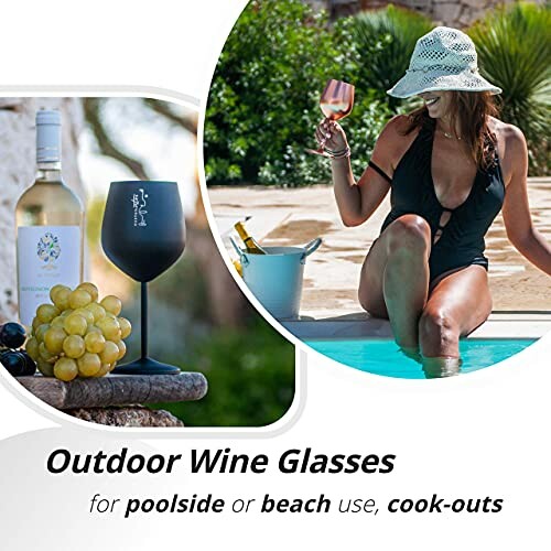 Woman by pool with wine glasses and wine bottle.