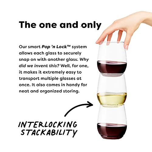 Stacked wine glasses with hand demonstrating interlocking feature.