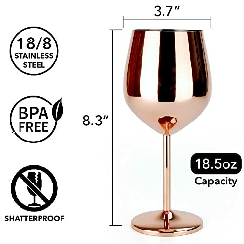 Copper-colored stainless steel wine glass with dimensions and features listed.