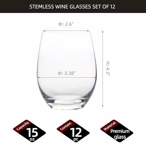 Stemless wine glass with dimensions and set details.