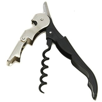 Waiter's corkscrew with black handle and metal lever.