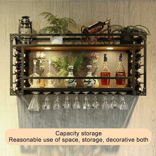 Wall-mounted bar shelf with bottles, glasses, and plants.