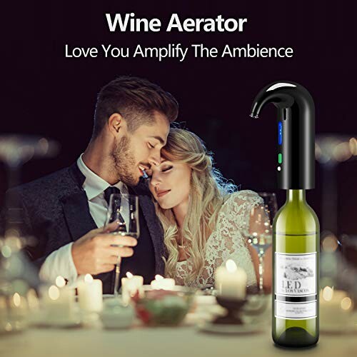 Couple enjoying a romantic dinner with a wine aerator attached to a bottle.