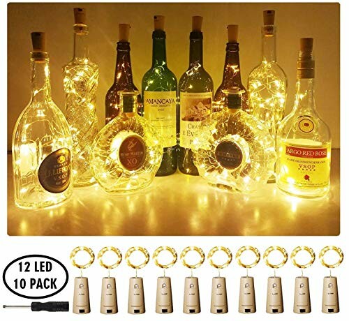 Decorative wine bottles with LED string lights.