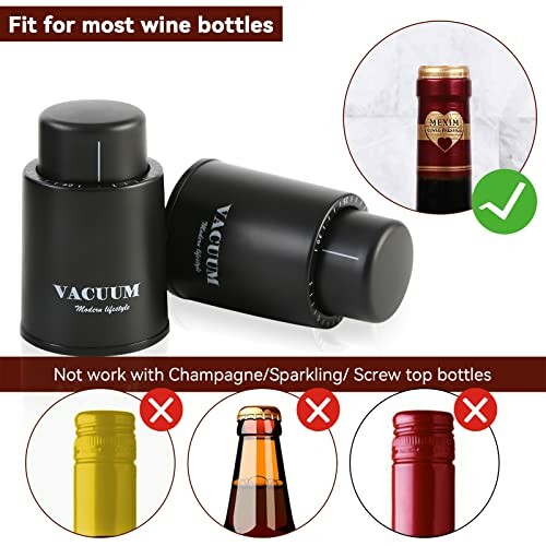 Wine vacuum stopper fitting most bottles, not for champagne or screw tops.