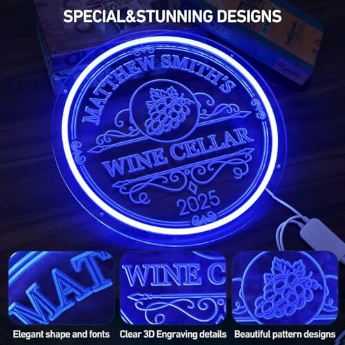 Blue neon sign reading 'Wine Cellar 2025' with grape design.