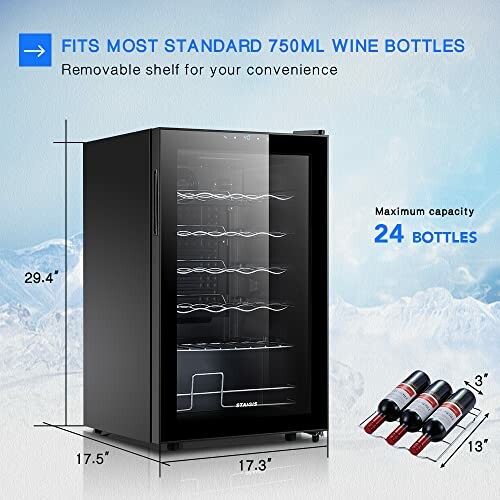 Wine cooler with 24 bottle capacity, fits standard 750ml wine bottles, removable shelf.