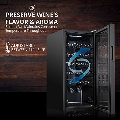 Open wine cooler with adjustable temperature and fan.