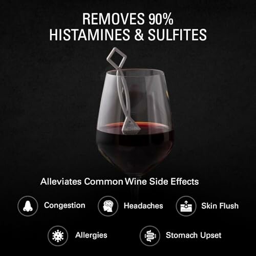 Wine glass with filter, removes histamines and sulfites, alleviates side effects.