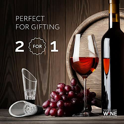 Wine bottle, glass, aerator, and grapes with gifting promotion.