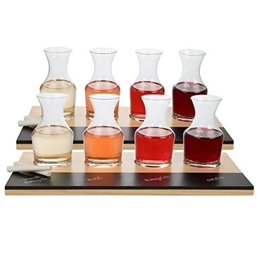 Wine tasting flight set with eight glass carafes on wooden trays.