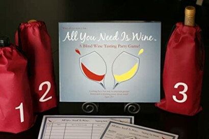 Blind wine tasting party game with numbered wine bottles and scorecards.