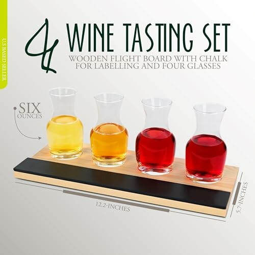 Wine tasting set with four glasses and wooden board.