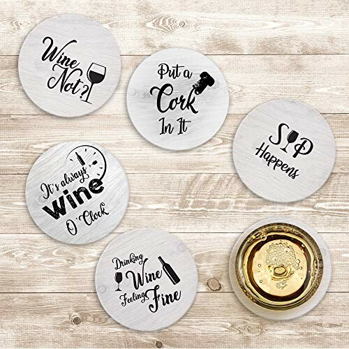 Set of five wine-themed coasters with humorous phrases and images.