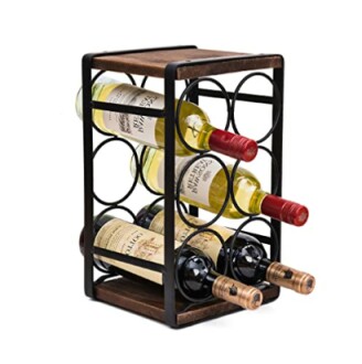 Wooden wine rack holding multiple wine bottles.